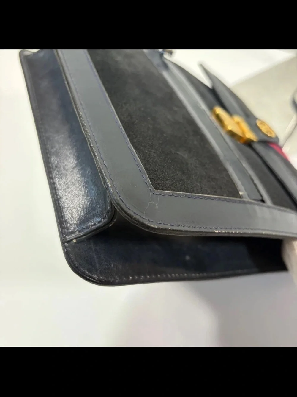 Gucci Black Suede Messenger Bag with Red & Blue Web Stripe